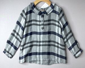NWT Emile et Ida Girls 8 Yrs Gray & Navy Check Blouse w/Bow 8A